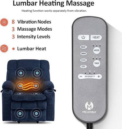 MCombo Dual Motor Power Lift Recliner Chair for Elderly, Lay Flat Lift Chair with Heat and Massage, Petite Lift Chair, Cup Holders, USB A&C Ports, Fabric 7893 (Small, Navy Blue)