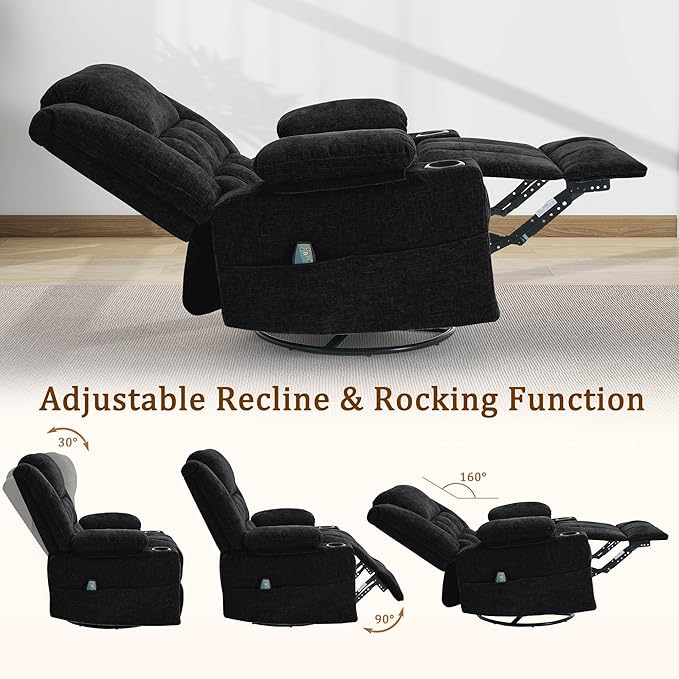 360° Rotating Adult Rocking Recliner, Baby Room Glider with Massage and Heating Functions, Rocking Chair with Cup Holder, Manual Recliner for Living and Bedroom (Fabric, Black)