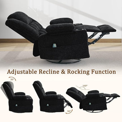 360° Rotating Adult Rocking Recliner, Baby Room Glider with Massage and Heating Functions, Rocking Chair with Cup Holder, Manual Recliner for Living and Bedroom (Fabric, Black)