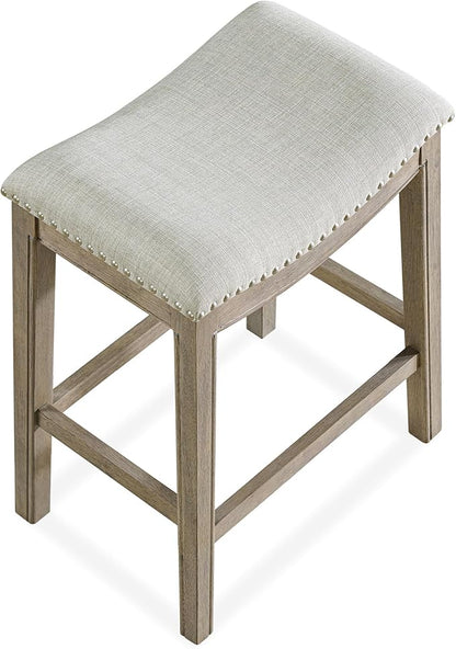 ROME + OAK Set of 2 Parker 26" Counter Stool, Backless Saddle Kitchen Barstool in Reclaimed Oak Finish with Ash Grey Fabric Upholstery Cushion Seat