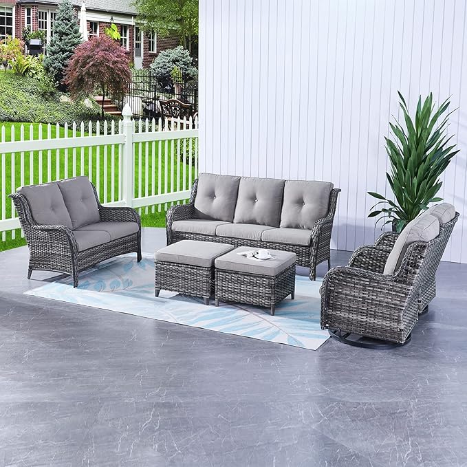 HUMMUH 6 Piece Patio Furniture Set PE Wicker Rattan 3-Seat Outdoor Sectional Sofa with Love Seats,Patio Swivel Chairs,Ottomans Conversation Sets for Garden, Poolside, Backyard