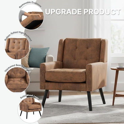 Mid-Century Modern Accent Chair, Plush Suede Fabric with Button Tufted High Back & 5" Thick Cushion, High Comfort Reading Chair for Living Room, Bedroom, Office (Brown)