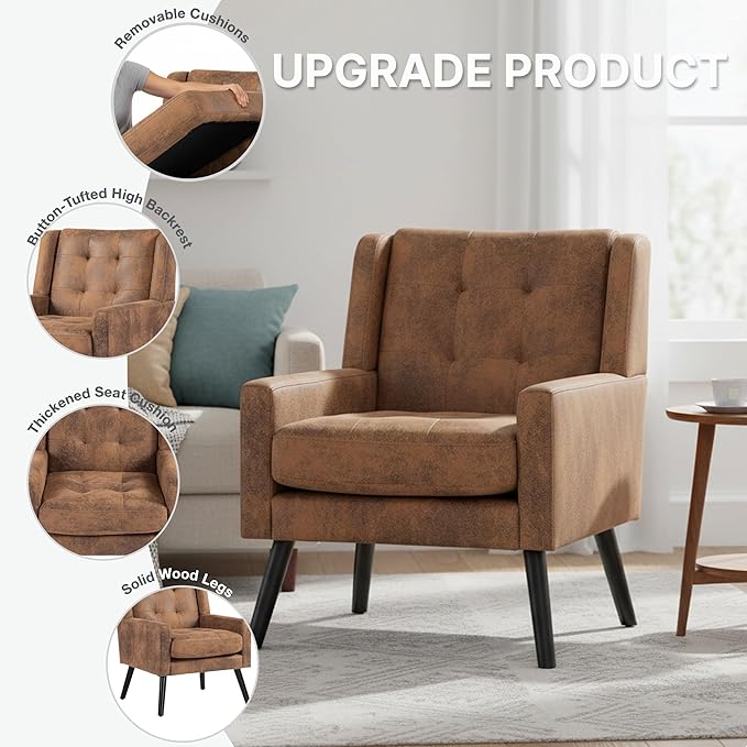 Mid-Century Modern Accent Chair Set of 2, Plush Suede Fabric with Button Tufted High Back & 5" Thick Cushion, High Comfort Reading Chair for Living Room, Bedroom, Office (Brown)