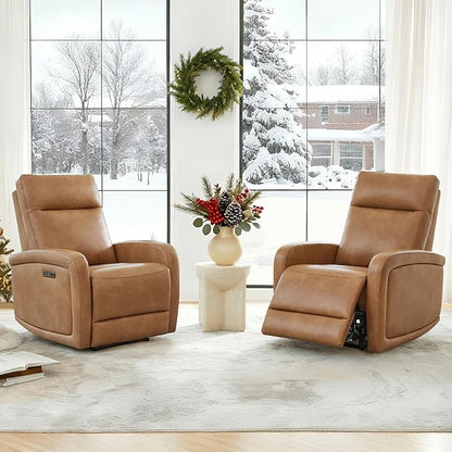 Watson & Whitely Power Recliner Chairs for Adults, Zero Wall Recliners W Power Headrest Type-C Charger, Small Faux Leather Home Theater Seating for Living Room & RV, Cognac Brown