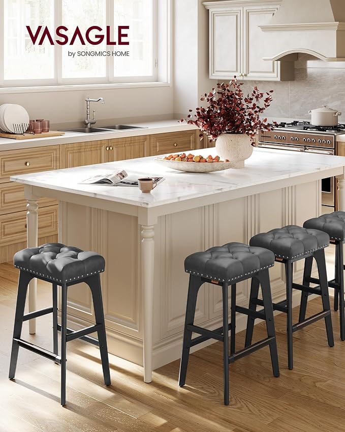 VASAGLE Bar Stools Set of 2, Saddle Counter Height Bar Stools, 26-Inch Backless Kitchen Stools with Wood Legs, PU Leather Thickened Upholstered Barstools for Kitchen Island Dining Room, Ink Black