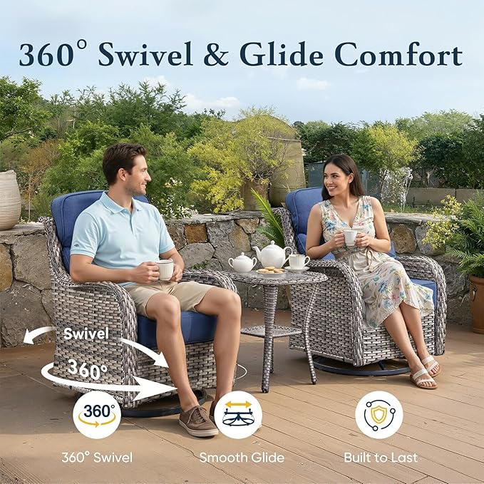 Belord Luxury 6" Thick Cushioned Outdoor Swivel Rocker Patio Chairs with Side Table, 3 Pieces High Back Wicker Furniture Set with Ergonomic Back, Conversation Gliders Set for Deck Porch - Grey+Blue