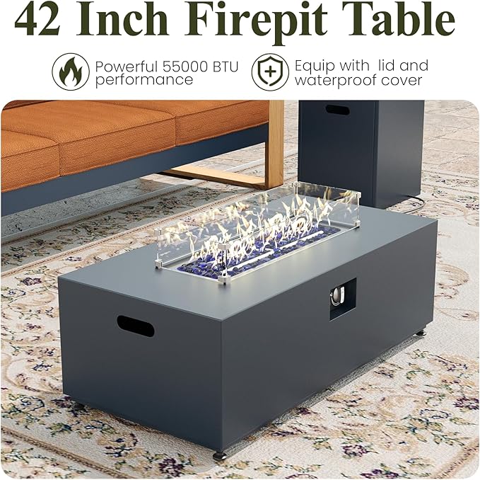 LayinSun 5 Pieces Aluminum Patio Furniture Set with Fire Pit Table, Oversized Seat with Hight Back, Outdoor Conversation Sets for Porch, Balcony, Deck