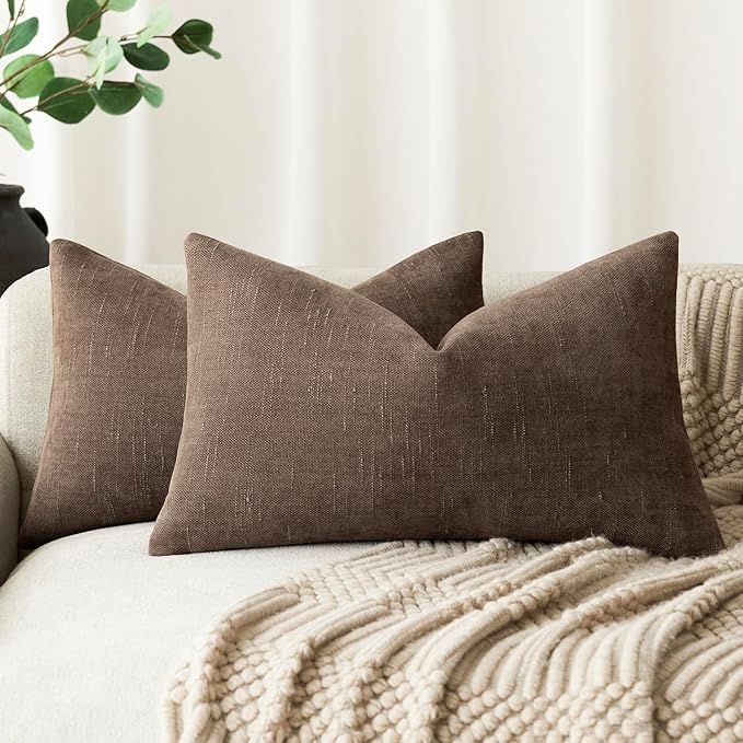 Foindtower Pack of 2 Soft Textured Chenille Throw Decorative Pillow Covers Lumbar Accent Solid Cushion Cover Cozy Neutral Farmhouse Pillow Case for Couch Sofa Bedroom Living Room 12x24 Inch, Chocolate