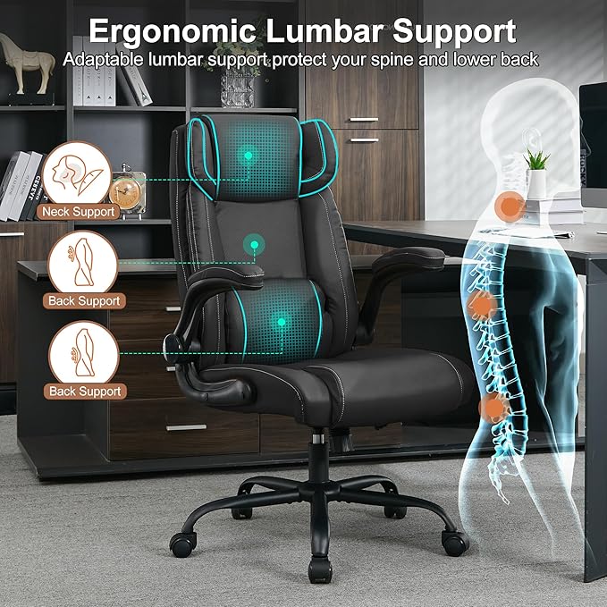 Office Desk Chair,Ergonomic Conference Room Chairs,Mid Back Executive Leather Chair,Comfy Computer Desk Chairs with Adjustable Flip-Up Arms and Rocking Function (Black)