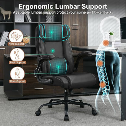 Office Desk Chair,Ergonomic Conference Room Chairs,Mid Back Executive Leather Chair,Comfy Computer Desk Chairs with Adjustable Flip-Up Arms and Rocking Function (Black)