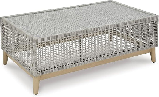 Signature Design by Ashley Seton Creek Casual Resin Wicker Outdoor Coffee Table with Tempered Glass Tabletop, Light Gray & Light Brown