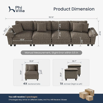 PHI VILLA Cloud Modular Couches Sets, 157.5" Sectional Sofa with Upholstered Deep Seat, 4-Seater Long Couches for Living Room Apartment, Chenille Fabric, Smoky Grey