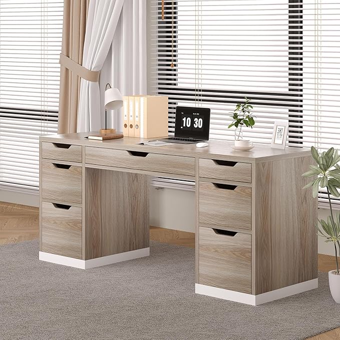 Computer Desk with Storage Drawers, 54 Inch Executive Desk with 7 Drawers for Bedroom, Office Desk with File Drawers for Work Study Writing, Small Spaces, White and Walnut