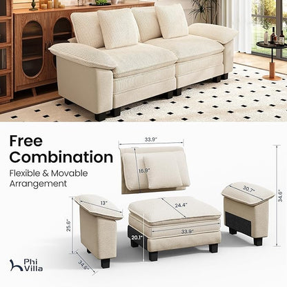 PHI VILLA Cloud Modular Couches Sets, 87.5" Sectional Loveseat Sofa with Upholstered Deep Seat, 2-Seater Comfy Couches for Living Room Bedroom, Chenille Corduroy Dual Fabric, Beige