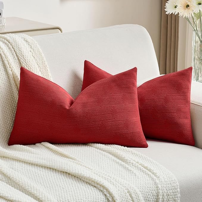 FUTEI Christmas Red Chenille Decorative Throw Pillow Covers 12x20 Inch Set of 2,Soft Cozy Striped Geometric Patterns Lumbar Pillow Cases,Modern Home Decor for Couch Bed Living Room