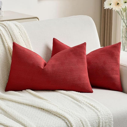 FUTEI Christmas Red Chenille Decorative Throw Pillow Covers 12x20 Inch Set of 2,Soft Cozy Striped Geometric Patterns Lumbar Pillow Cases,Modern Home Decor for Couch Bed Living Room
