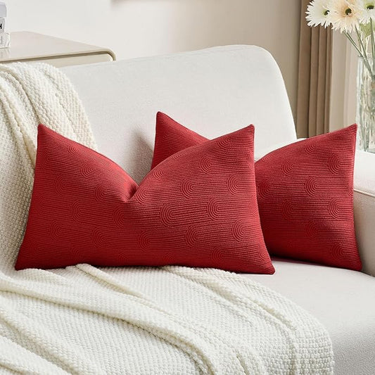 FUTEI Christmas Red Chenille Decorative Throw Pillow Covers 12x20 Inch Set of 2,Soft Cozy Striped Geometric Patterns Lumbar Pillow Cases,Modern Home Decor for Couch Bed Living Room