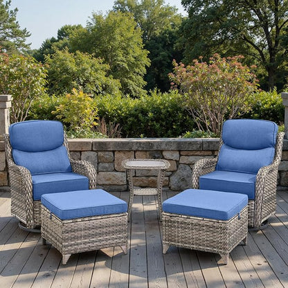 Swivel Patio Chairs Sofa Set of 5 with 6" Thick Cushion - Wicker Outdoor Swivel Rocker Patio Chair with Side Table, High Back Comfortable Outdoor Glider Chairs - Grey Wicker | Blue Cushions