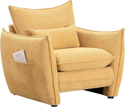 Chenille Oversized Accent Chairs, Modern Oversized Armchair with Removable Pillow, Comfy Living Room Chair with Side Pocket Storage for Bedroom, Office, Yellow
