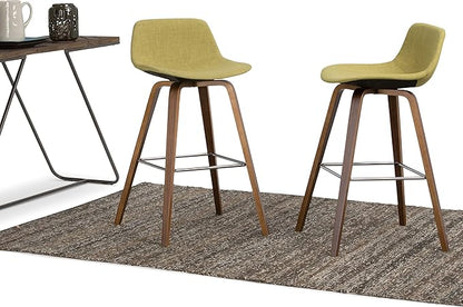 SIMPLIHOME Randolph Counter Stools (Set of 2) - 28 Inch Seat Height Upholstered Bentwood Kitchen Seats in Acid Green Linen Look Fabric, Mid Century Modern Seating with Curved Backrest and Footrest