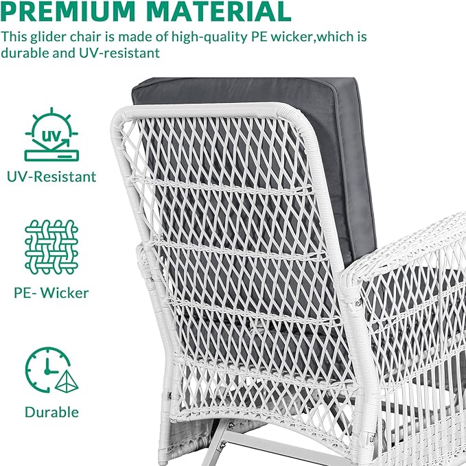 VIVIJASON 4-Piece Outdoor Patio White Wicker Conversation Sets, All Weather Rattan Furniture Set Includes Glider Loveseat, Coffee Table, 2 Glider Rocker Chairs w/Cushion for Lawn Balcony, Grey