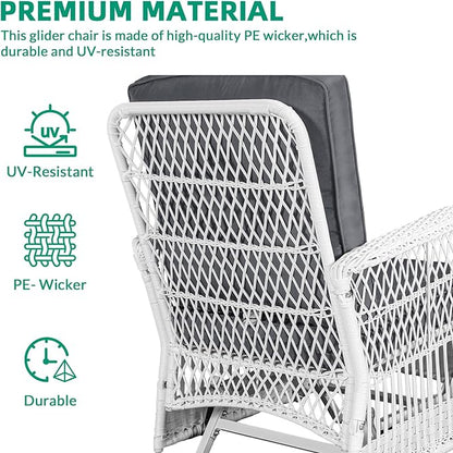 VIVIJASON 4-Piece Outdoor Patio White Wicker Conversation Sets, All Weather Rattan Furniture Set Includes Glider Loveseat, Coffee Table, 2 Glider Rocker Chairs w/Cushion for Lawn Balcony, Grey