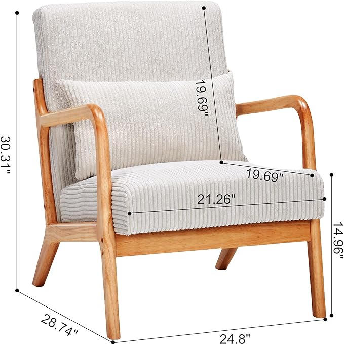 Accent Chairs, Mid-Century Modern Chair with Pillow, Armchair with Solid Wood, Reading Relaxing Leisure Chair for Living Room（Beige）