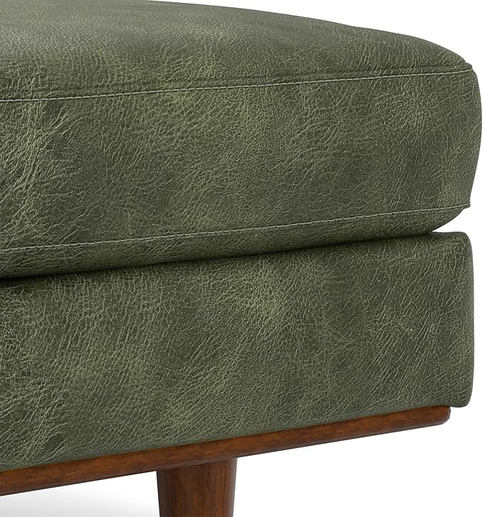 SIMPLIHOME Morrison 33 inch Wide Ottoman in Moss Green Genuine Leather, Multifunctional Footrest, Coffee Table, and Extra Seating for Living Room, Mid-Century Modern Style