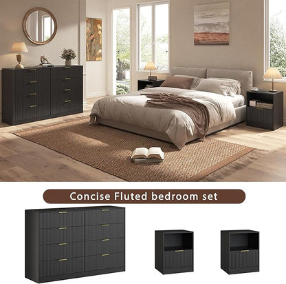 3-Piece Modern Bedroom Furniture Set, Wide 8-Drawer Dresser & 1-Drawer Nightstands Set of 2, Natural Wood Dresser and Nightstand Sets for Bedroom, Hallway, Black