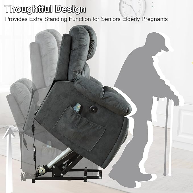 Bonzy Home Power Lift Recliner Chair with Massage and Heating, Lift Chairs Recliner for Elderly, Upholstered Comfy Power Lift Chair with 2 Hidden Cup Holders, Side Pockets, USB Port,Dark Grey