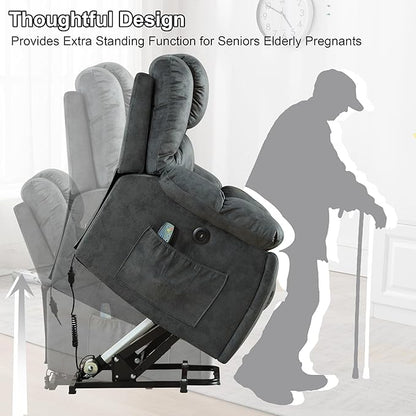 Bonzy Home Power Lift Recliner Chair with Massage and Heating, Lift Chairs Recliner for Elderly, Upholstered Comfy Power Lift Chair with 2 Hidden Cup Holders, Side Pockets, USB Port,Dark Grey