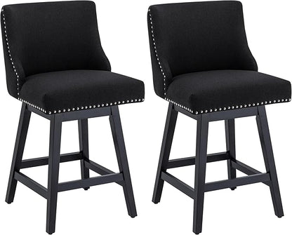 Bar Stools Set of 2, 26 Inch Upholstered Barstools with 13.8" High Back and Footrest, Swivel Counter Height Barstools for Kitchen Island Home Bar Performance Fabric Black