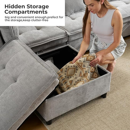 133" U-Shaped Modern Sofa, Modular Sectional Cloud Couch with 2 Ottoman, Oversized Modular Sectional Sofa with Storage Ottoman, 6-Seat Chenille Deep Seat Sofa with 6 Pillows for Living Room, Grey