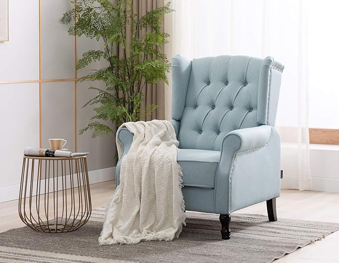 Artechworks Winged Fabric Modern Accent Chair Tufted Arm Club Chair Linen Single Sofa with Wooden Legs Comfy Upholstered for Reading Living Room Bedroom Office,Light Blue