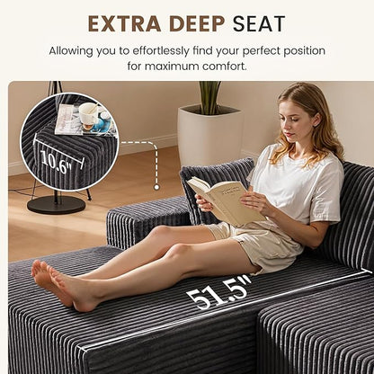 Apicizon 113" Sectional Sofa Couch for Living Room, 3 Seat Boneless Sofa with Chaise Longue, L-Shape Modular Sectional Couches with Deep Seat for Apartment，No Assembly Required (Stripe Corduroy Gray)