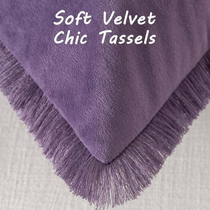 FUTEI Eggplant Purple Velvet Decorative Throw Pillow Covers 24x24 Set of 2,Soft Cozy Edge with Tassels European Cushion Case,Boho Modern Home Decor for Couch Bed Living Room
