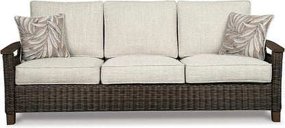 Signature Design by Ashley Paradise Trail Outdoor Patio Sofa with Cushion and 2 Throw Pillows, Cleanable Performance Fabric, Resin Wicker, Brown & Beige