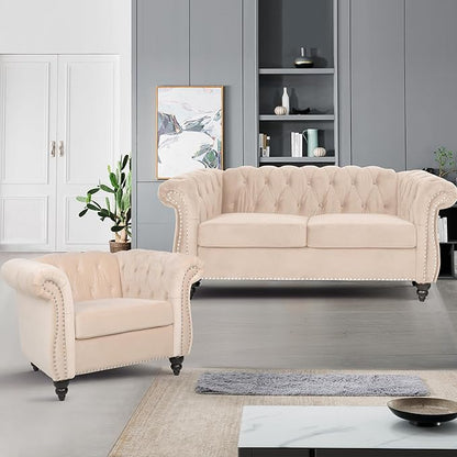 2 Piece Living Room Furniture Set, Velvet Loveseat and Chair Set, Mid Century Modern Upholstered Sofa Couch with Cushions, Comfy Tufted Chesterfield Couches for Living Room, Bedroom, Office