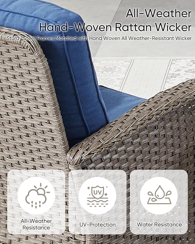 HUMMUH 7 Pieces Outdoor Furniture Set-All Weather Wicker Rattan Couch with Outdoor Rocking Chair Patio Furniture for Deck Lawn Porch Balcony Poolside-Grey/Blue