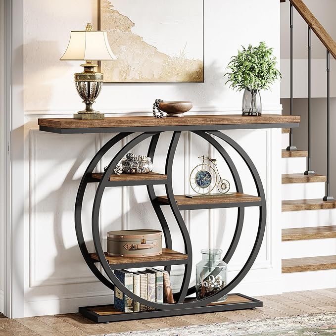 Tribesigns 47.24" Entryway Table, Industrial 5-Tier Console Sofa Table with Multiple Storage Shelves, Narrow Wood Accent Long Tables with Metal Frame for Small Spaces, Hallway, Foyer, Rustic Brown