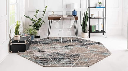 Unique Loom Trellis Frieze Collection Area Rug - Geometric (7' 10" Octagon, Blue Multi/ Ivory)