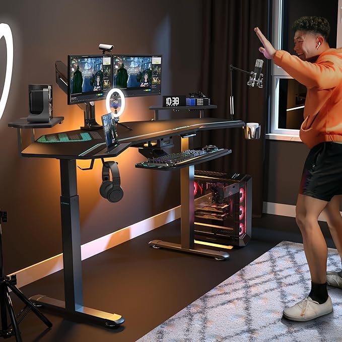 EUREKA ERGONOMIC Gaming Desk, Standing Desk w Keyboard Tray, 72" Wing Shaped Music Studio Table with LED Shelves, Gaming Recording Live Stream, Slot Design