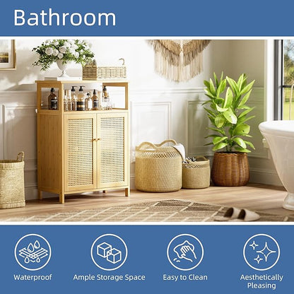 HITNET Rattan Bathroom Storage Cabinet, Bamboo Floor Cupboard with 2 Doors, Freestanding Side Organizer for Living Room, Kitchen, Entryway, Natural