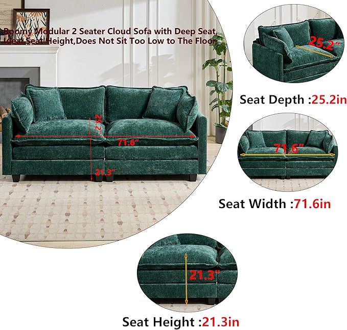 Aoowow Modular Sectional 2 Seater Cloud Sofa Couch for Living Room,78" Loveseat Couch with Deep Seat,Modern Chenille 2 Seat Sofas,Fluffy Small Couches for Bedroom,Small Spaces (Green, 2 Seater)