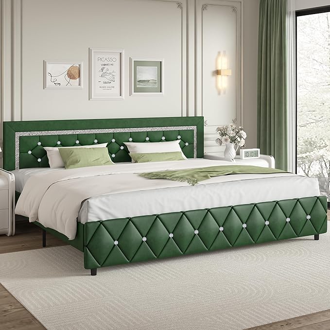 BarnFurin King Size Bed Frame with Headboard, Upholstered Bed with Diamond Tufted Design, Wooden Slats Support, No Box Spring Required, Easy Assembly, Green