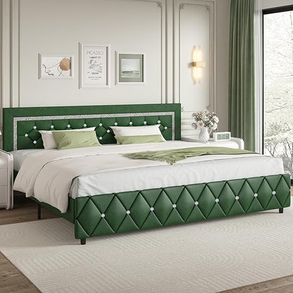 BarnFurin King Size Bed Frame with Headboard, Upholstered Bed with Diamond Tufted Design, Wooden Slats Support, No Box Spring Required, Easy Assembly, Green