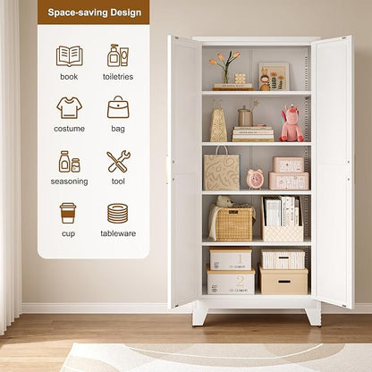 Large Metal Kitchen Pantry Storage Cabinet with Adjustable Shelves - Freestanding Kitchen Storage Cabinet for Dining Room,Livingroom Bathroom, Hallway, Workshop, Office (White, 71"- 0 drawer)