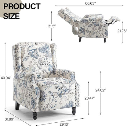 Recliner Chair, Upholstered Wingback Floral Pushback Armchair with Adjustable Backrest & Footrest, Comfy Accent Chair Reading Single Sofa for Small Spaces, Living Room, Bedroom (Plants Blue, Set of 1)