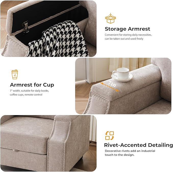 85'' L Shaped Couch with Armrest Organizer,3 Seats Sofas with Storage Ottoman,Comfy Sectional Sofa with Thick Cushion,Chenille Sectional Couches for Living Room,Bedroom,Apartment,Khaki