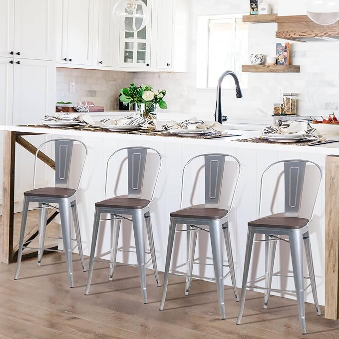 Aklaus Swivel Metal Bar Stools Set of 4 Counter Bar Stools with Back Counter Height Stools Swivel Metal Bar Chairs Wooded Seat 30 Inch Silver